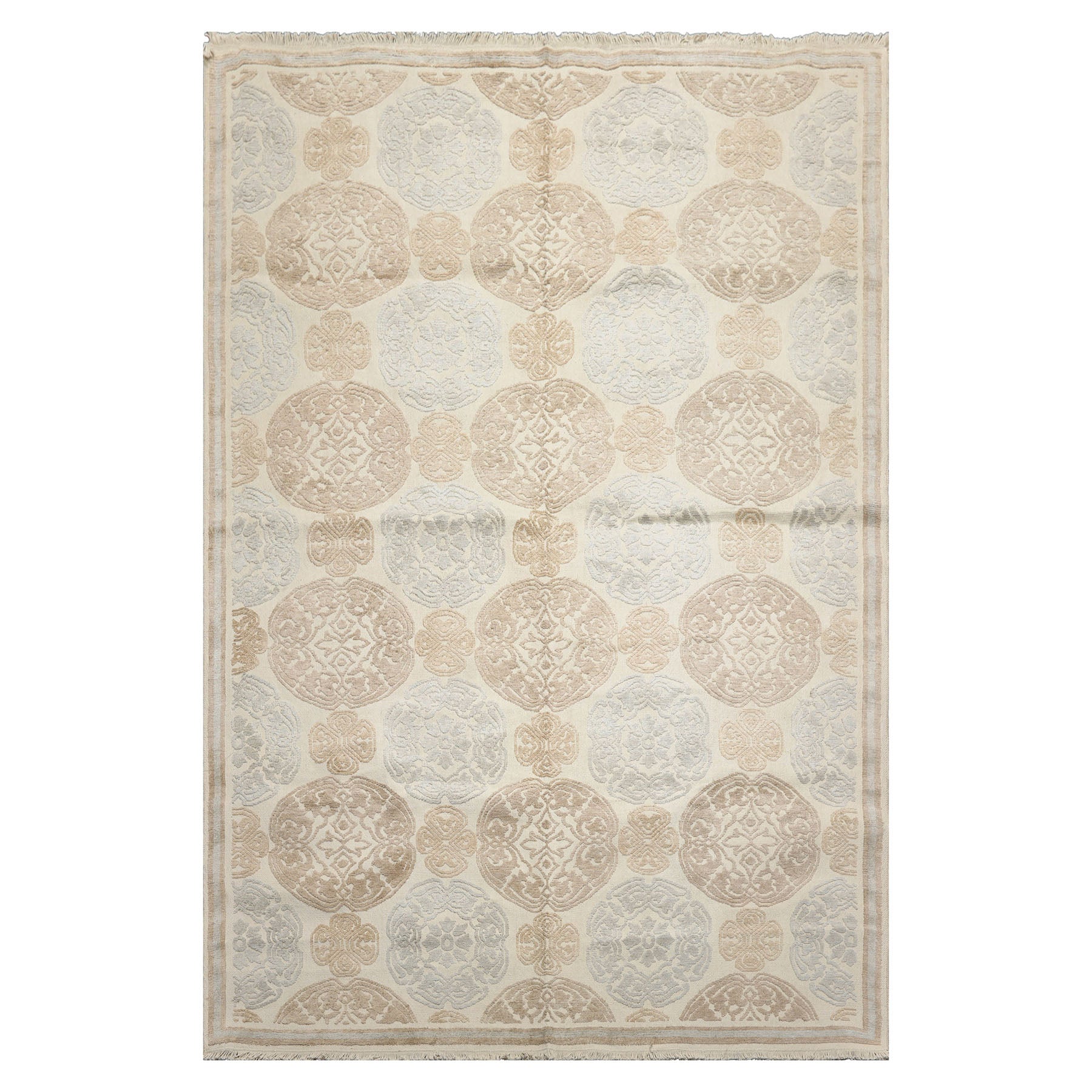 Knotted Rug Ivory Hand Knotted 6'x9'4" Transitional Medallion Wool and Silk Oriental Area Rug