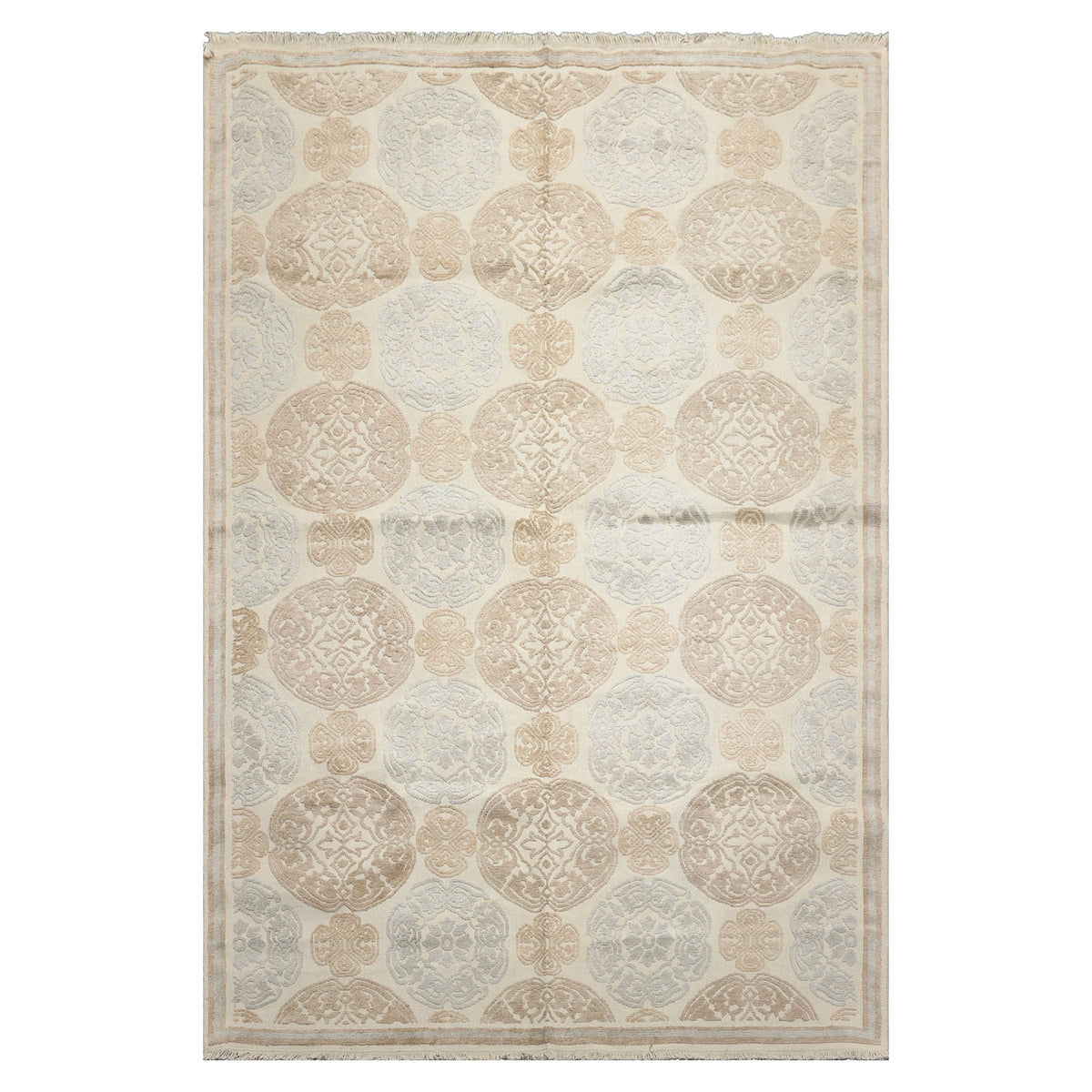 Knotted Rug Ivory Hand Knotted 6'x9'4" Transitional Medallion Wool and Silk Oriental Area Rug