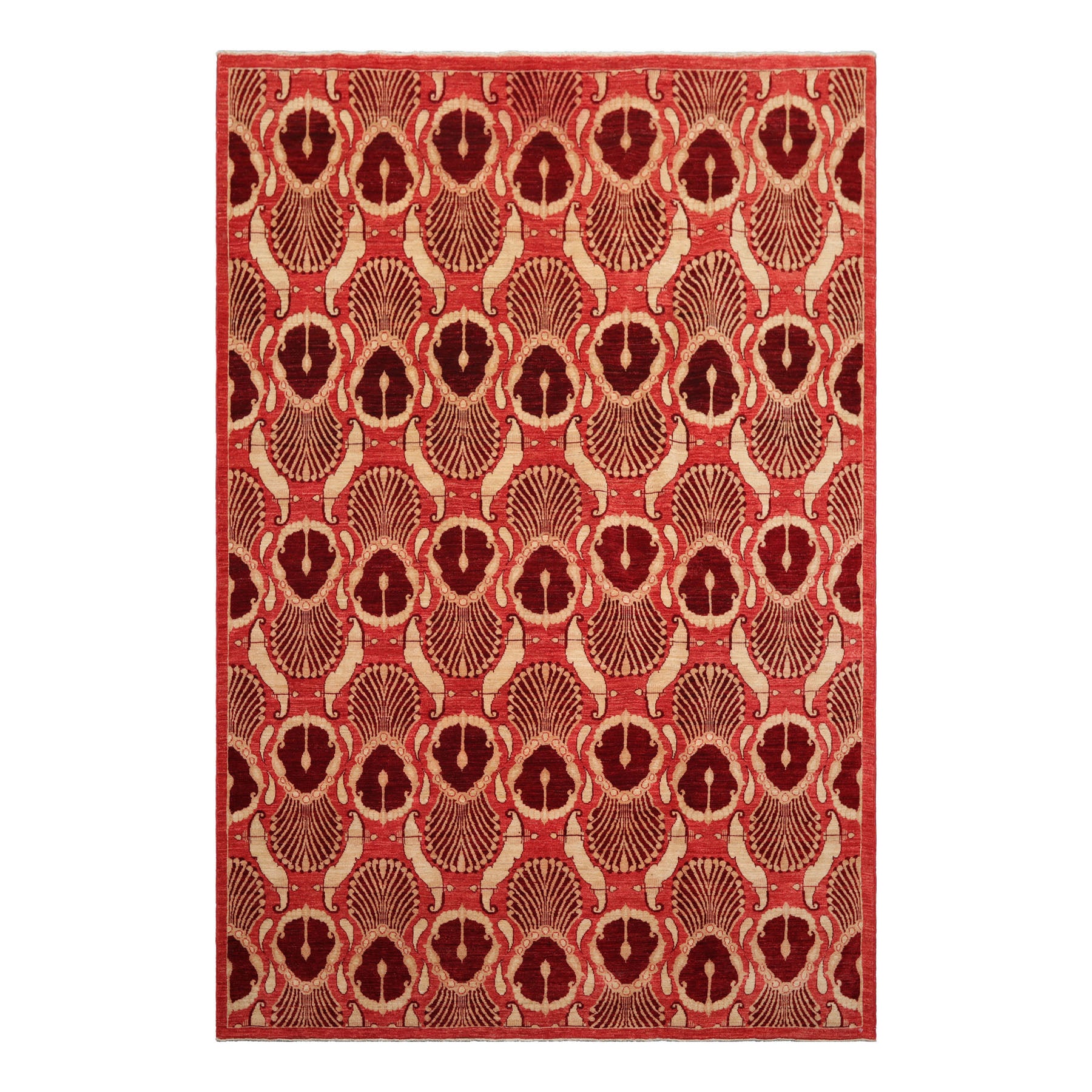 Knotted Rug Coral Hand Knotted 5'11''x8'11" Art Deco Art Deco 200 KPSI Wool Oriental Area Rug