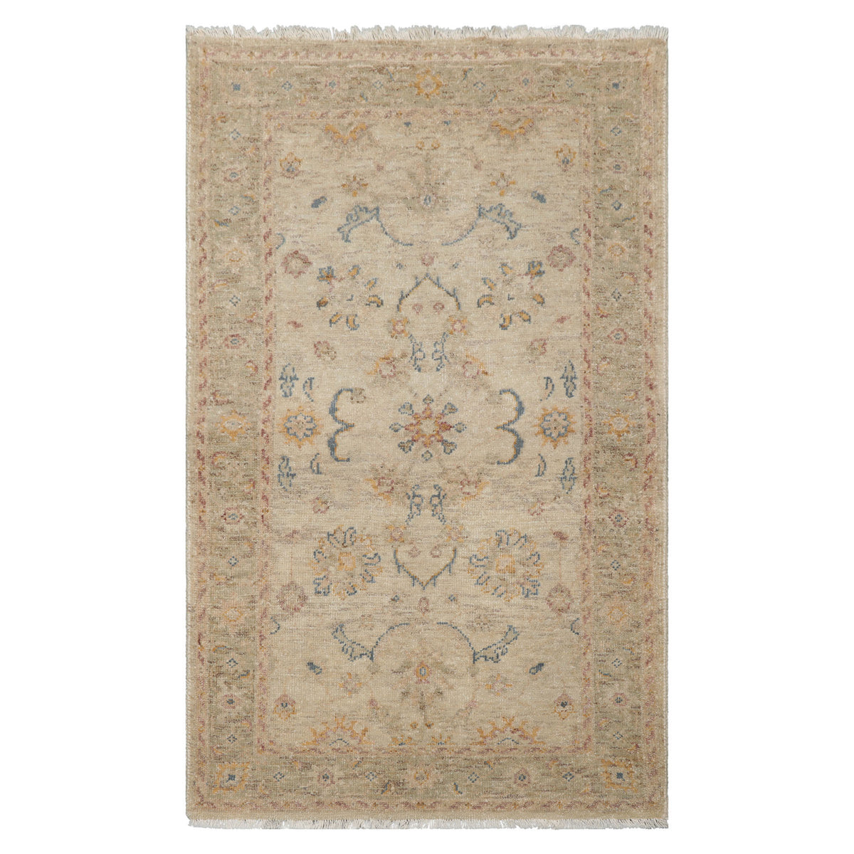 3x5 Beige, Rust, Blue Color Hand Knotted Afghan Oushak Wool Transitional Oriental Rug