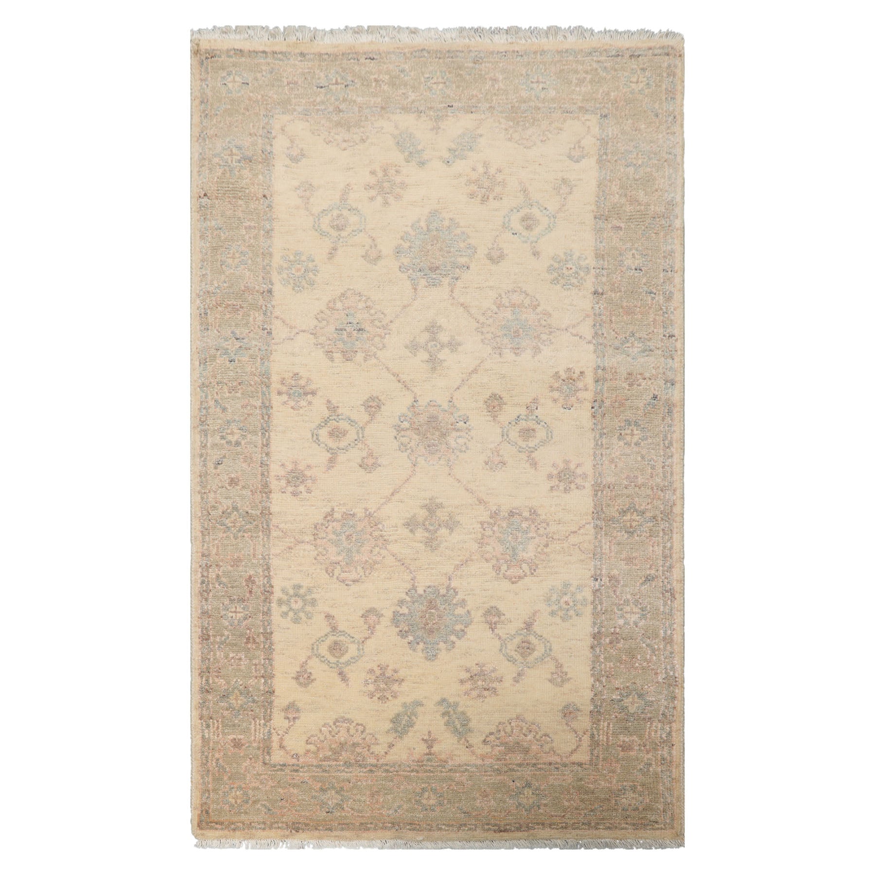 3x5 Ivory, Mint, Blush Color Hand Knotted Afghan Oushak Wool Transitional Oriental Rug