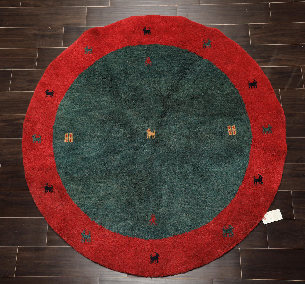 Round Green, Red, Gold Color Hand Knotted Gabbeh Wool Modern & Contemporary Oriental Rug