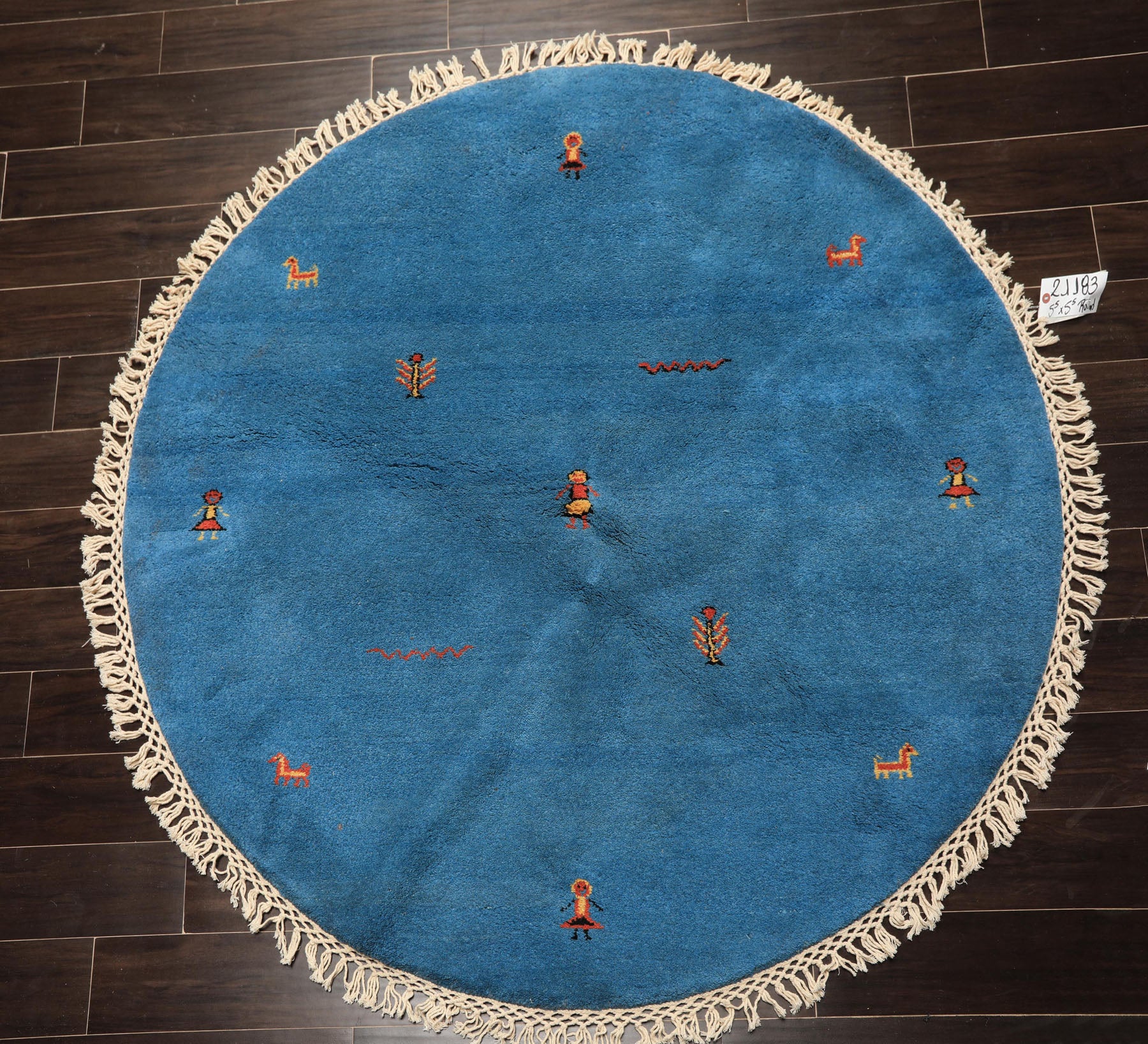 Round Aqua, Gold, Black Color Hand Knotted Gabbeh Wool Modern & Contemporary Oriental Rug