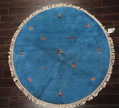 Round Aqua, Gold, Black Color Hand Knotted Gabbeh Wool Modern & Contemporary Oriental Rug