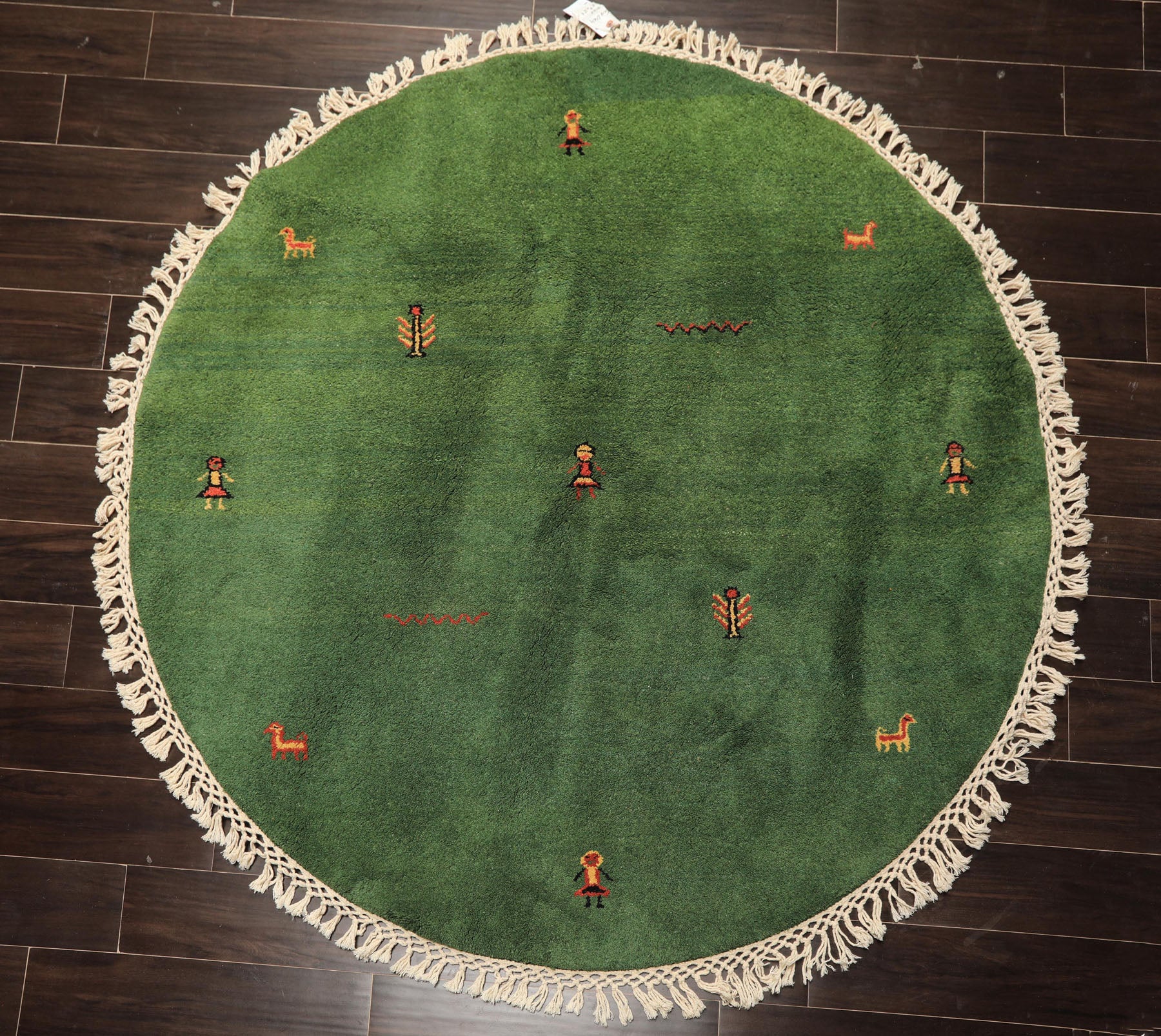 Round Green, Gold, Black Color Hand Knotted Gabbeh Wool Modern & Contemporary Oriental Rug
