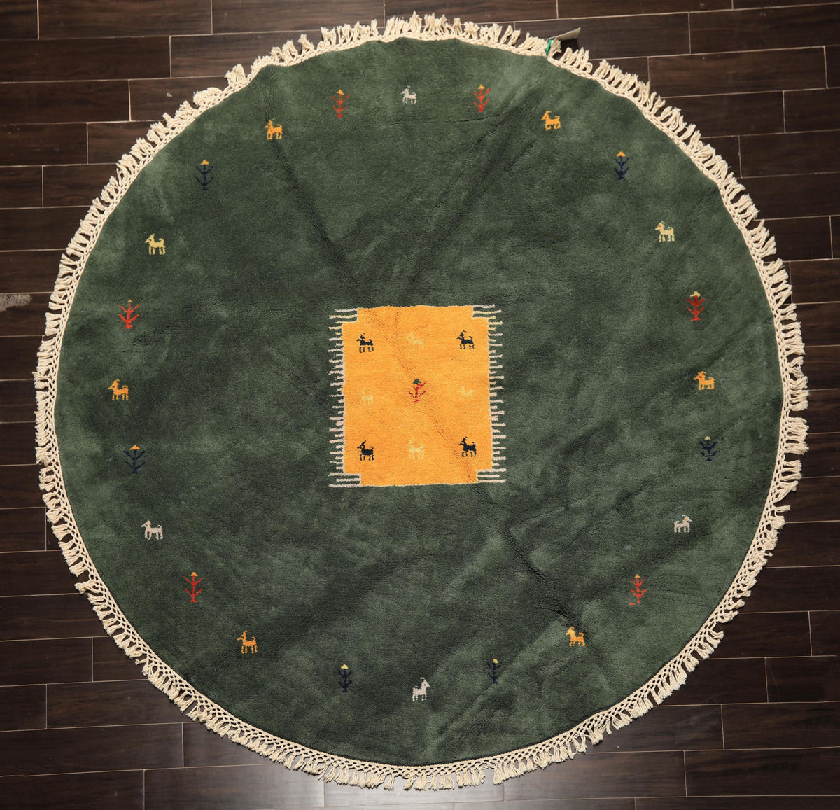 8' Round Dark Sage, Gold, Ivory Color Hand Knotted Gabbeh Wool Modern & Contemporary Oriental Rug