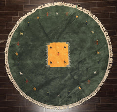 8' Round Dark Sage, Gold, Ivory Color Hand Knotted Gabbeh Wool Modern & Contemporary Oriental Rug