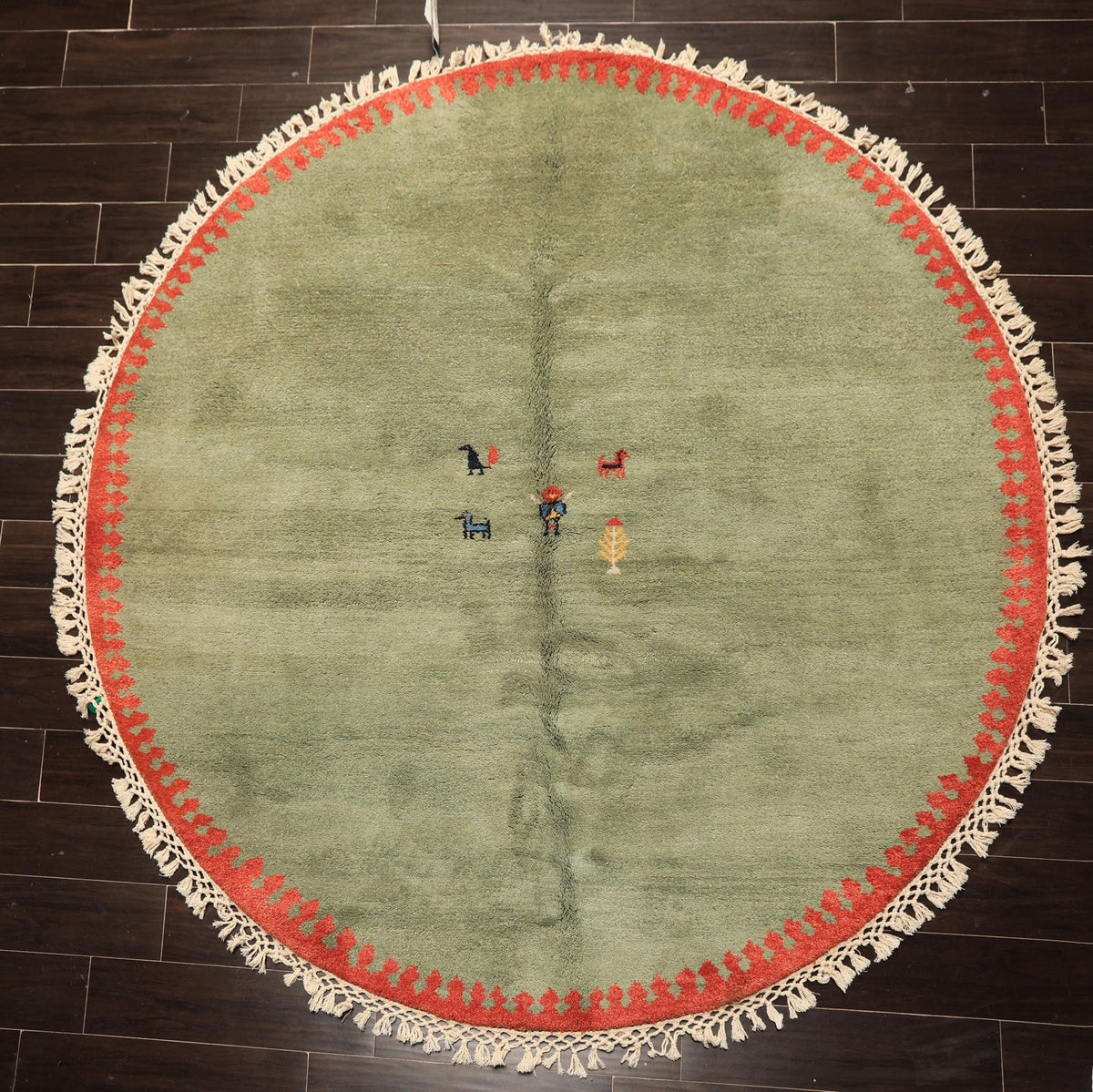 Round Sage, Coral, Burnt Orange Color Hand Knotted Gabbeh Wool Modern & Contemporary Oriental Rug