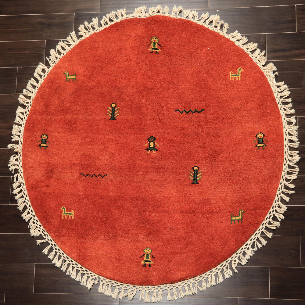 Round Burnt Orange, Gold, Green Color Hand Knotted Gabbeh Wool Modern & Contemporary Oriental Rug