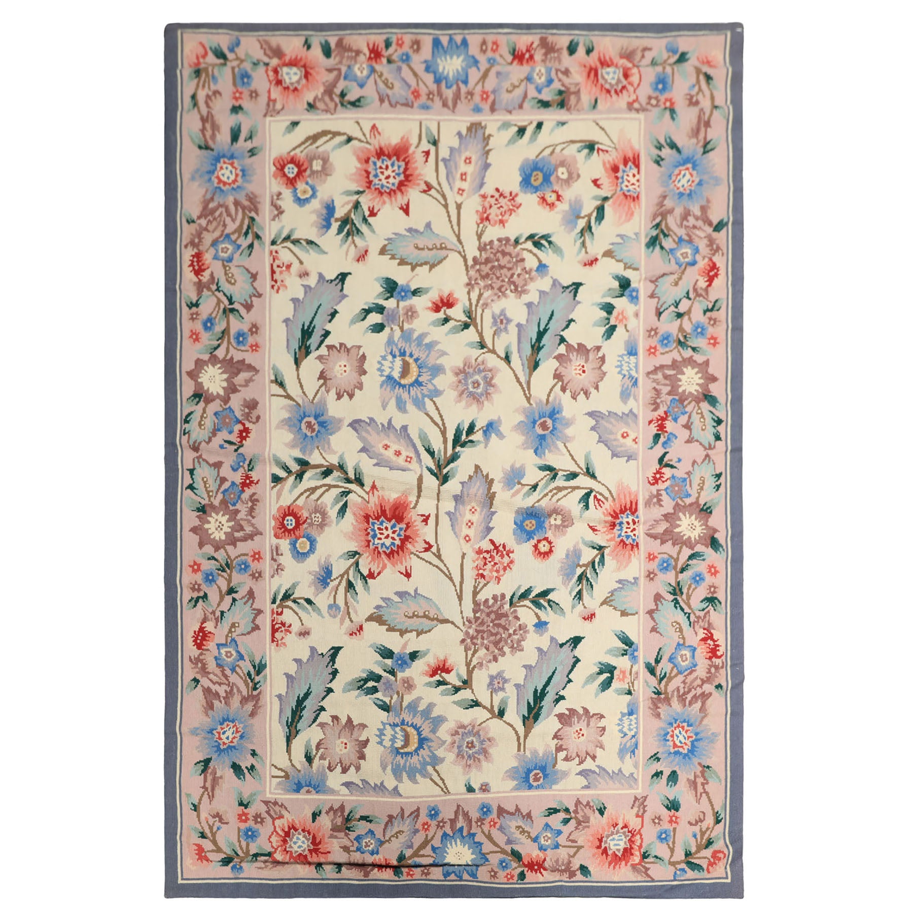 4x6 Ivory, Blush, Blue Color Hand Knotted French Aubusson Needlepoint Wool Traditional Oriental Rug