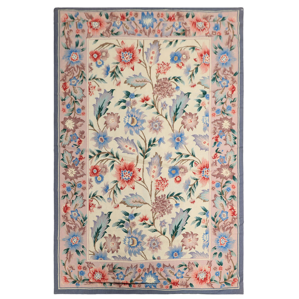4x6 Ivory, Blush, Blue Color Hand Knotted French Aubusson Needlepoint Wool Traditional Oriental Rug