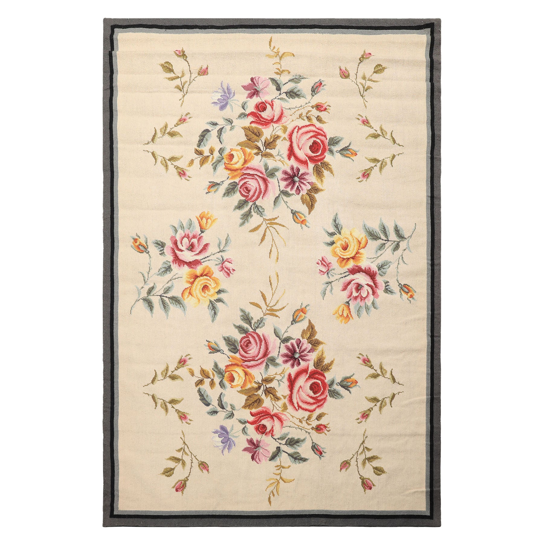 4x6 Ivory, Gray, Black Color Hand Knotted French Aubusson Needlepoint Wool Traditional Oriental Rug