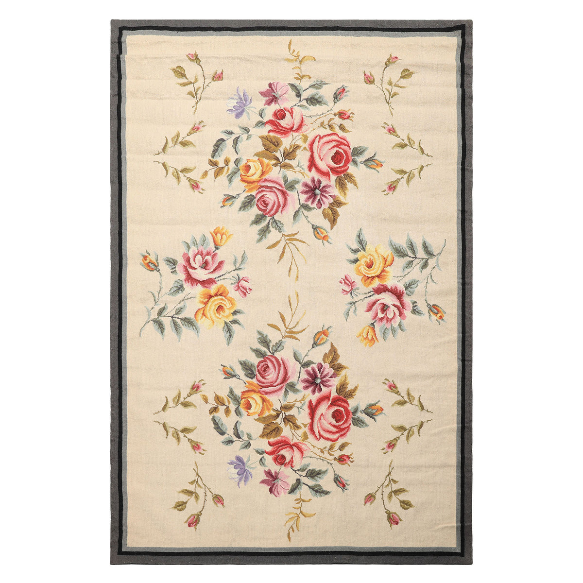4x6 Ivory, Gray, Black Color Hand Knotted French Aubusson Needlepoint Wool Traditional Oriental Rug