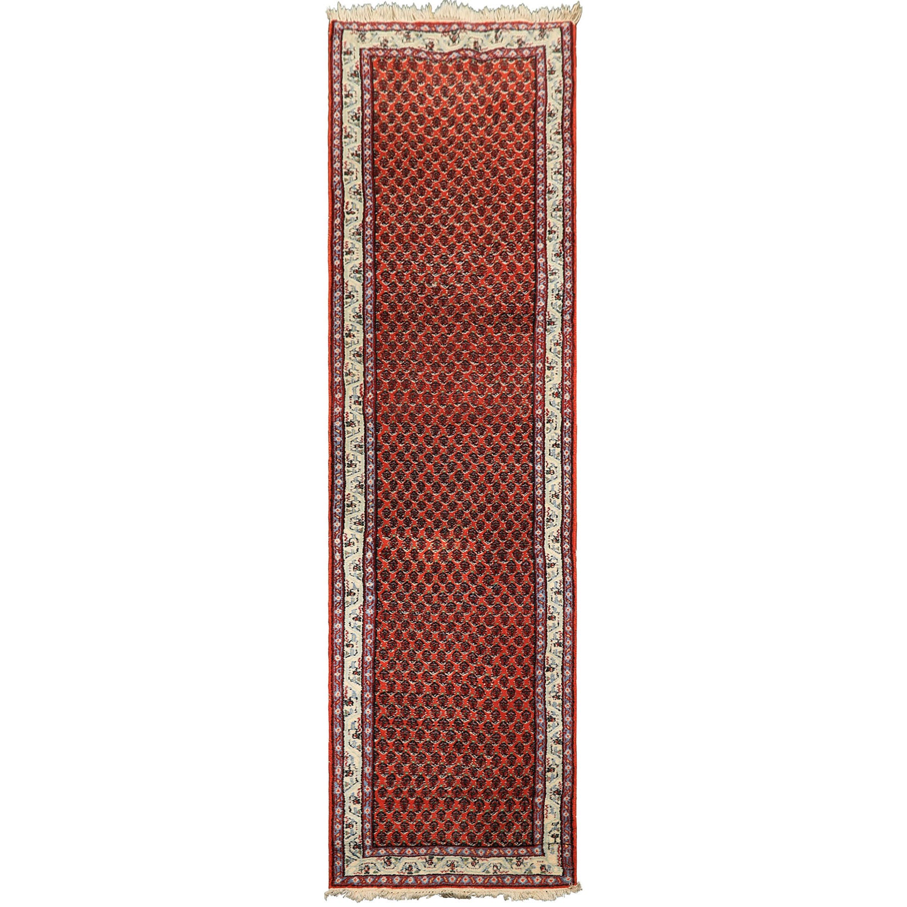 Runner Orange, Ivory, Celadon Color Hand Knotted  Wool Traditional Oriental Rug