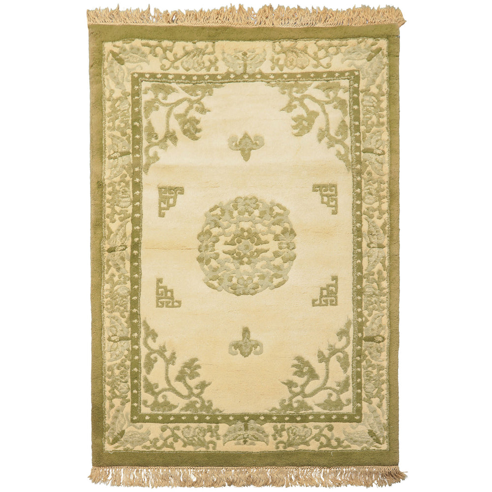 4x6 Ivory, Olive, Green Color Hand Knotted Indo Tibetan Wool  Oriental Rug