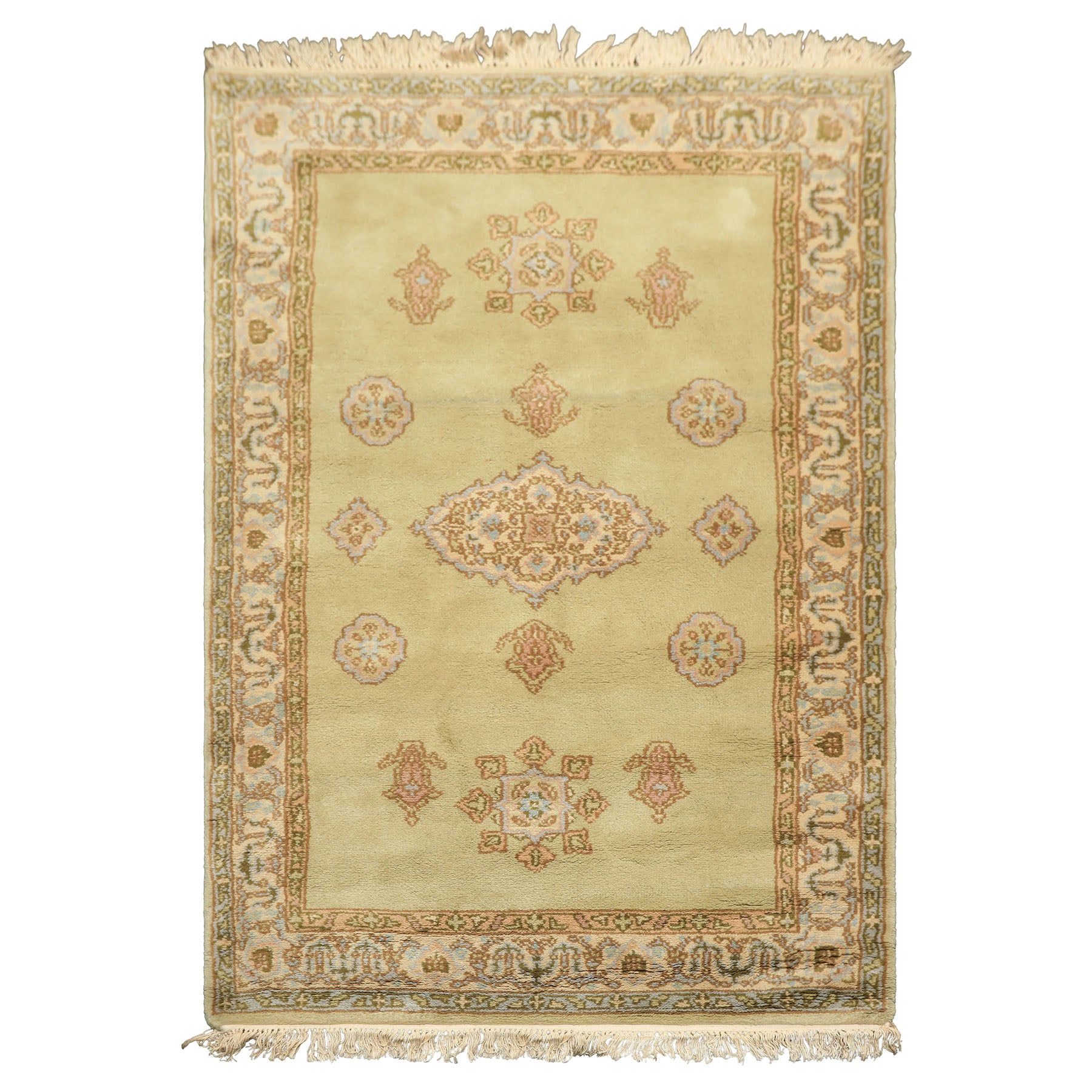 4x6 Sage, Beige, Rose Color Hand Knotted French Aubusson Wool Traditional Oriental Rug