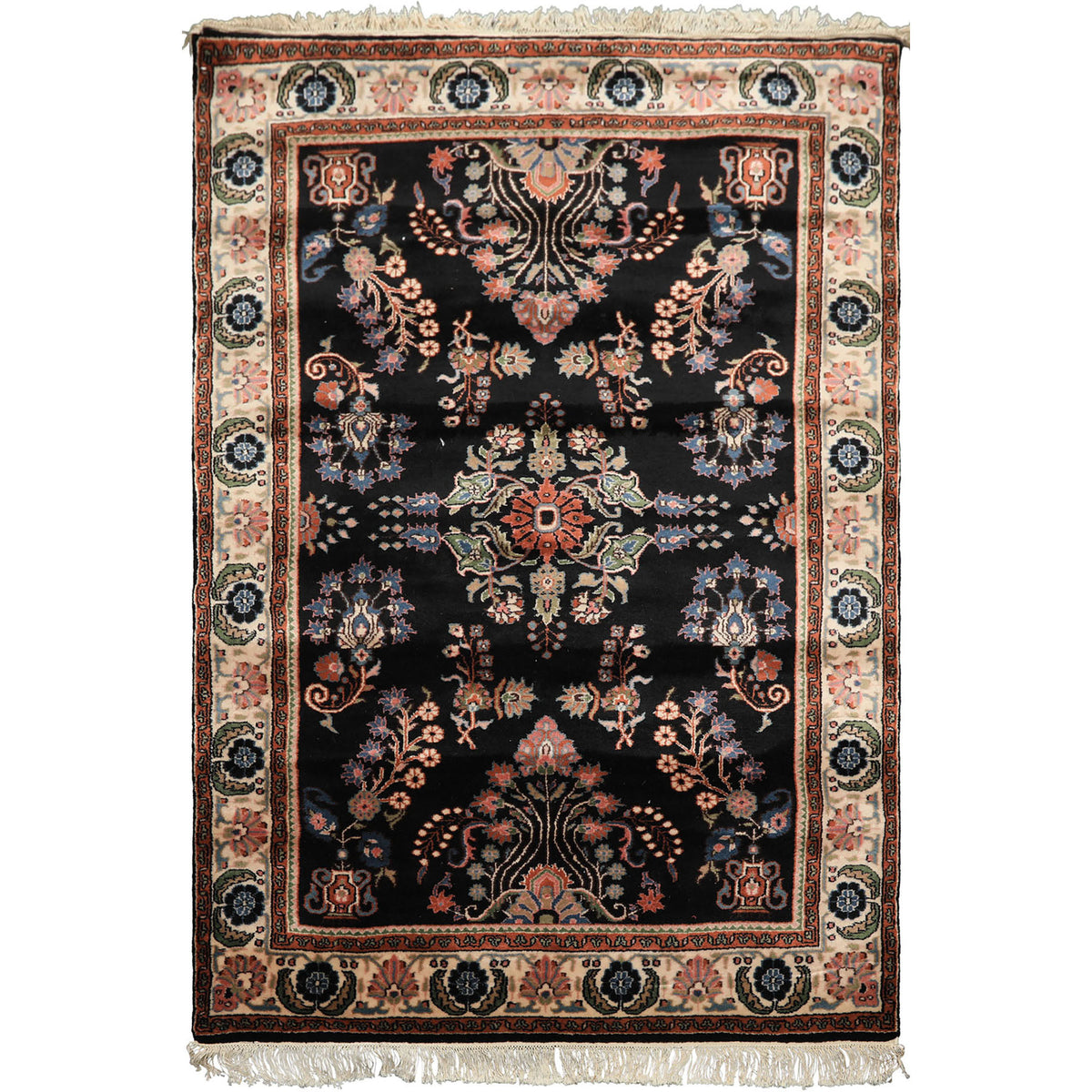 4x6 Black, Ivory, Sage Color Hand Knotted Indo Sarouk New Zealand Wool Traditional Oriental Rug