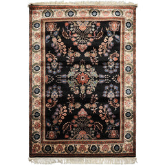 4x6 Black, Ivory, Sage Color Hand Knotted Indo Sarouk New Zealand Wool Traditional Oriental Rug