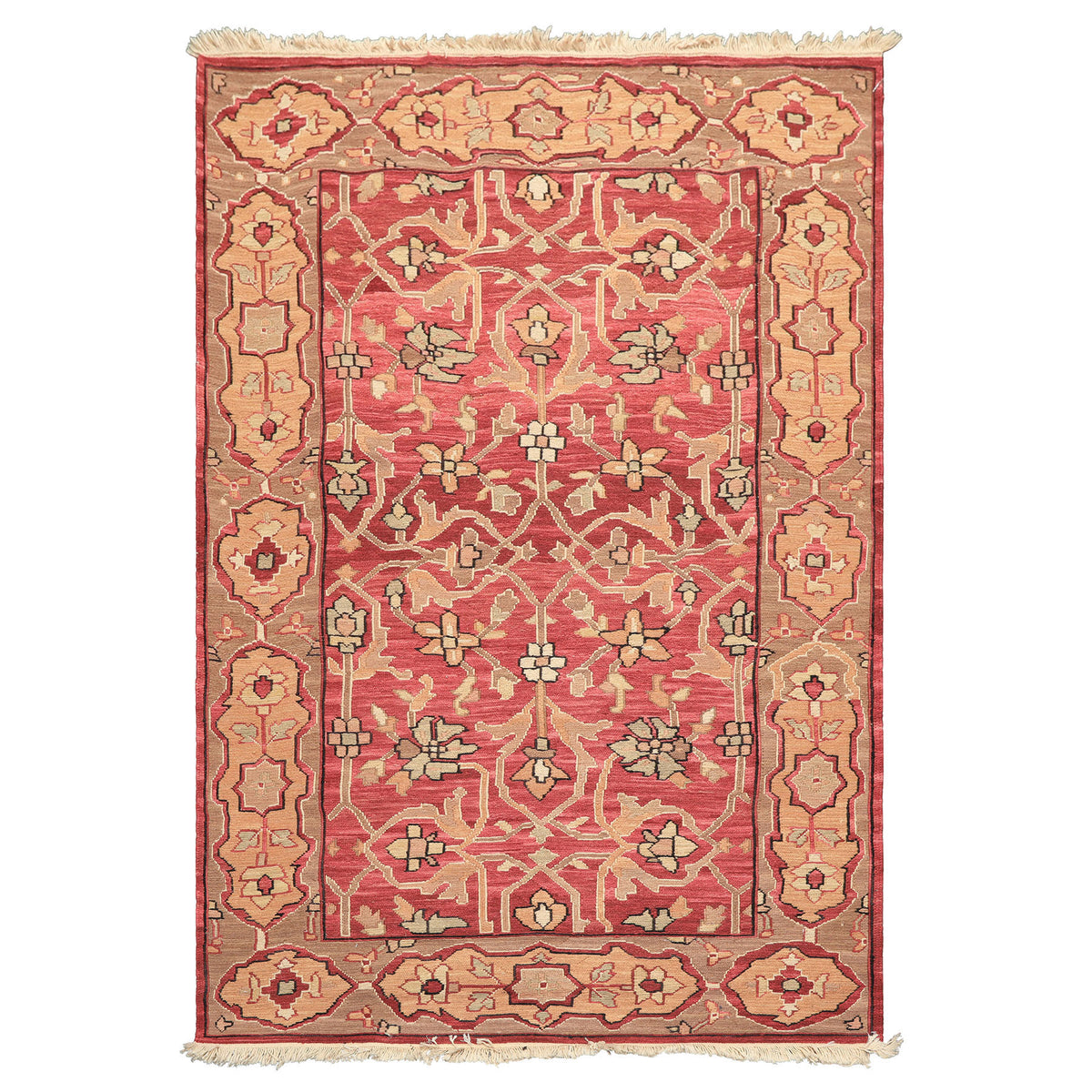 4x6 Rose, Tan, Ivory Color Hand Knotted Soumak Wool Transitional Oriental Rug