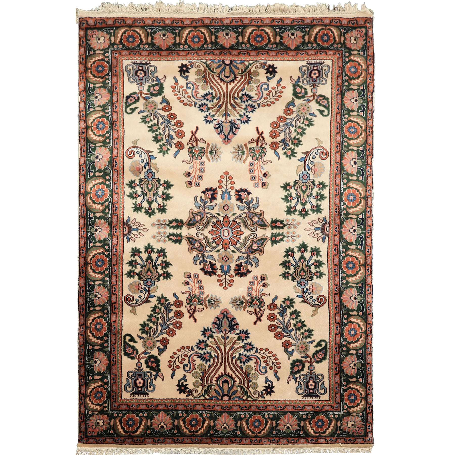 4x6 Ivory, Green, Rose Color Hand Knotted Indo Sarouk New Zealand Wool Traditional Oriental Rug