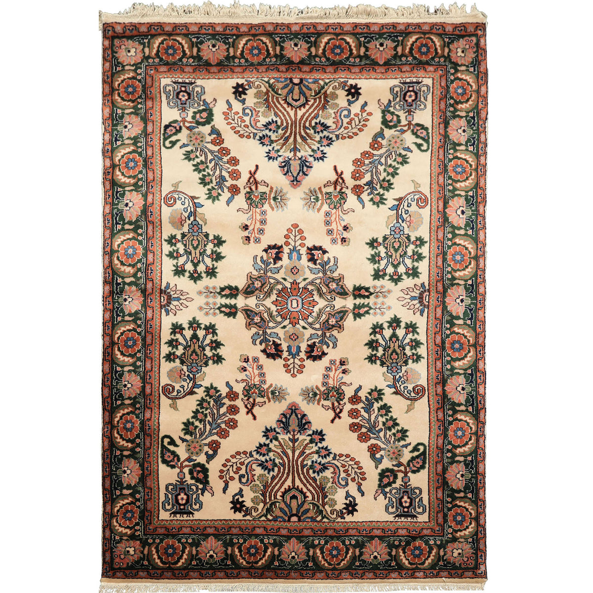 4x6 Ivory, Green, Rose Color Hand Knotted Indo Sarouk New Zealand Wool Traditional Oriental Rug