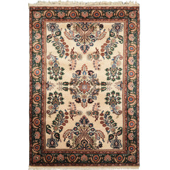4x6 Ivory, Green, Rose Color Hand Knotted Indo Sarouk New Zealand Wool Traditional Oriental Rug