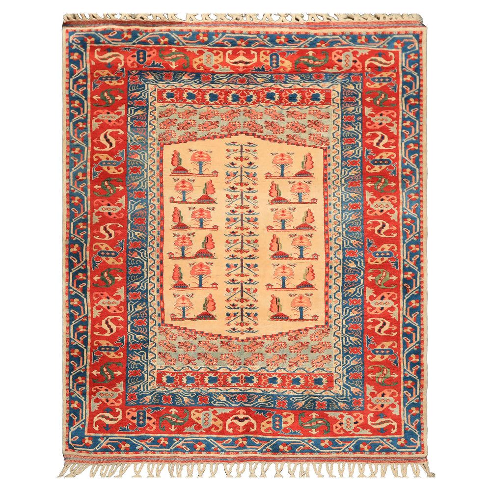6x7 Ivory, Orange, Aqua Color Hand Knotted Turkish Kula Wool Traditional Oriental Rug