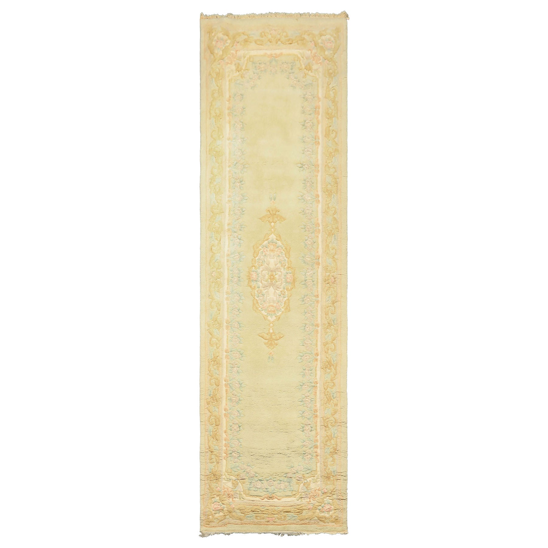 Runner Faded Mint, Aqua, Blush Color Hand Knotted French Aubusson Savonnerie Wool Traditional Oriental Rug