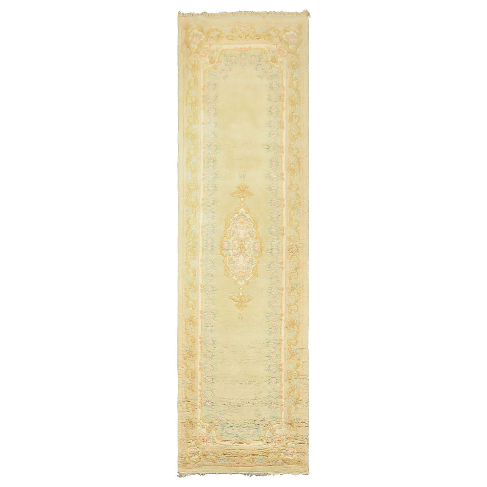 Runner Faded Mint, Aqua, Blush Color Hand Knotted French Aubusson Savonnerie Wool Traditional Oriental Rug