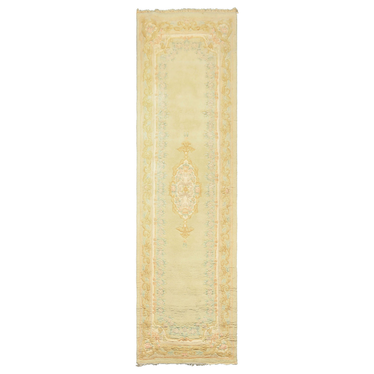 Runner Faded Mint, Aqua, Blush Color Hand Knotted French Aubusson Savonnerie Wool Traditional Oriental Rug