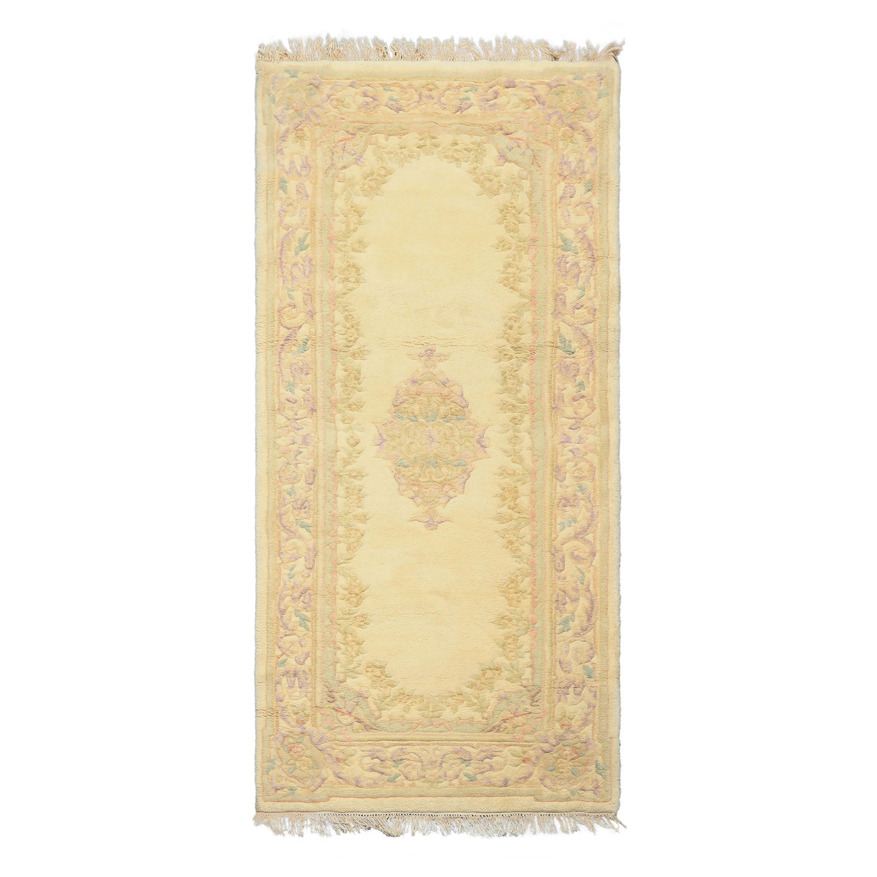 Runner Ivory, Mint, Lavender Color Hand Knotted French Aubusson Savonnerie Wool Traditional Oriental Rug