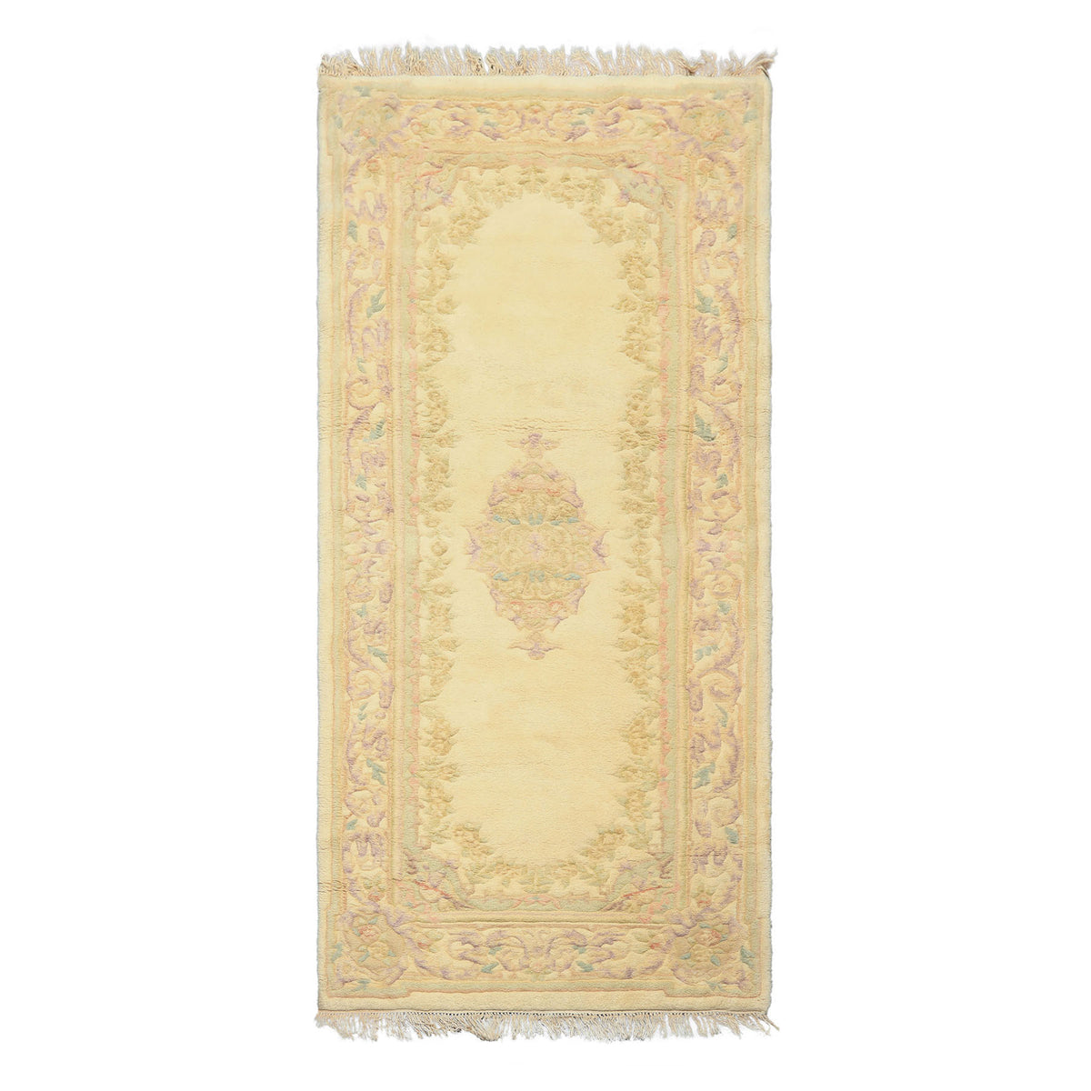 Runner Ivory, Mint, Lavender Color Hand Knotted French Aubusson Savonnerie Wool Traditional Oriental Rug