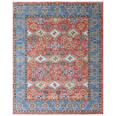 Multi Size Rust Blue Aqua Color Hand Knotted Oushak Wool Transitional Oriental Rug