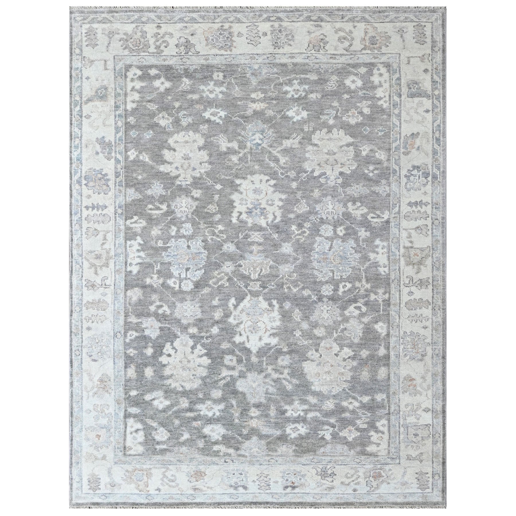 Multi Size Gray Slate Ivory Color Hand Knotted Oushak Wool Transitional Oriental Rug
