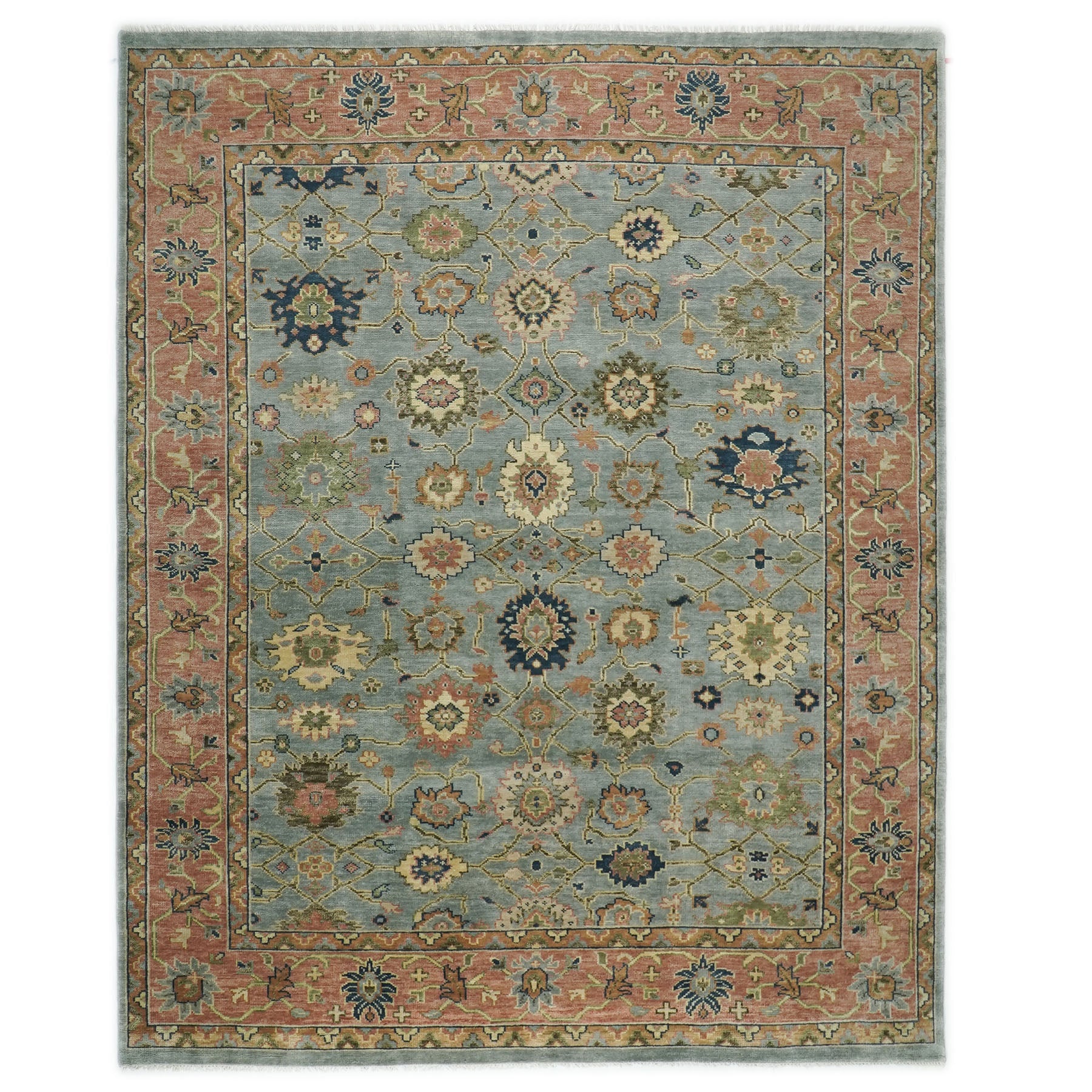 12x15 Blue, Peach, Lime Color Hand Knotted Oushak Wool  Oriental Rug