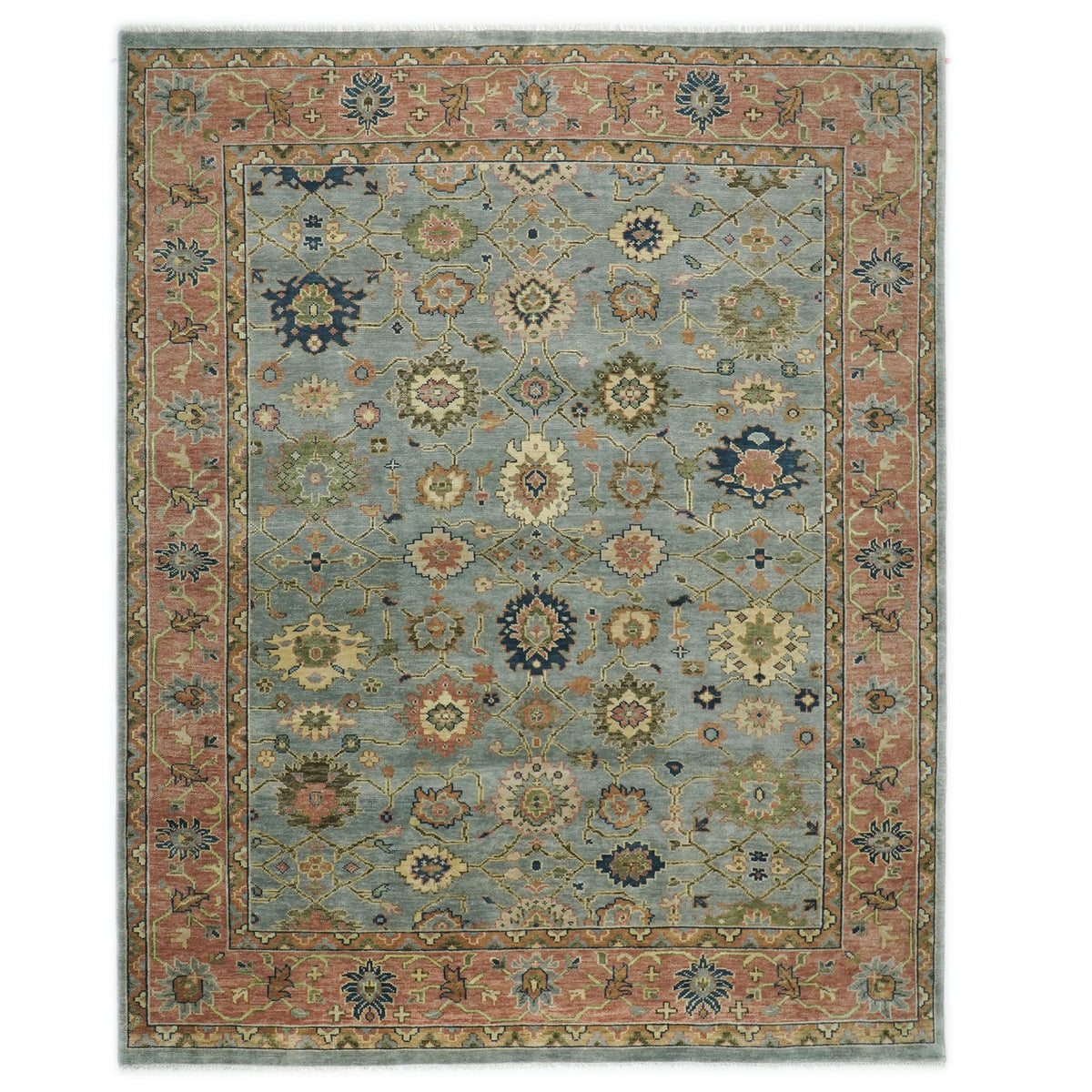 12x15 Blue, Peach, Lime Color Hand Knotted Oushak Wool  Oriental Rug