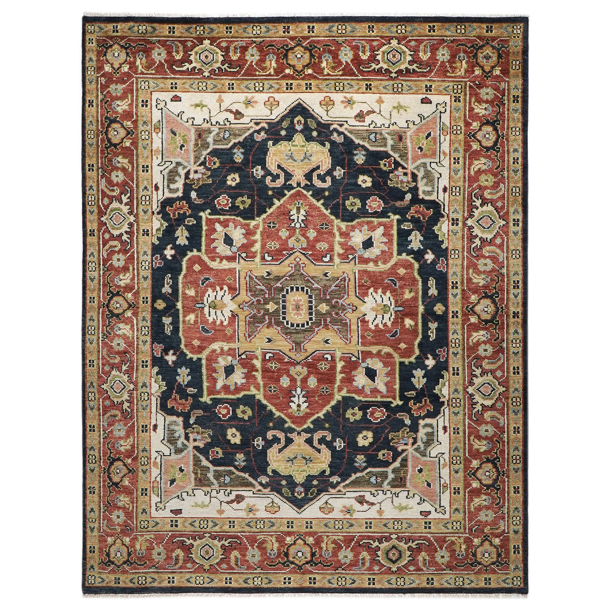 9x12 Blue, Burnt Orange, Ivory Color Hand Knotted Oushak Wool  Oriental Rug