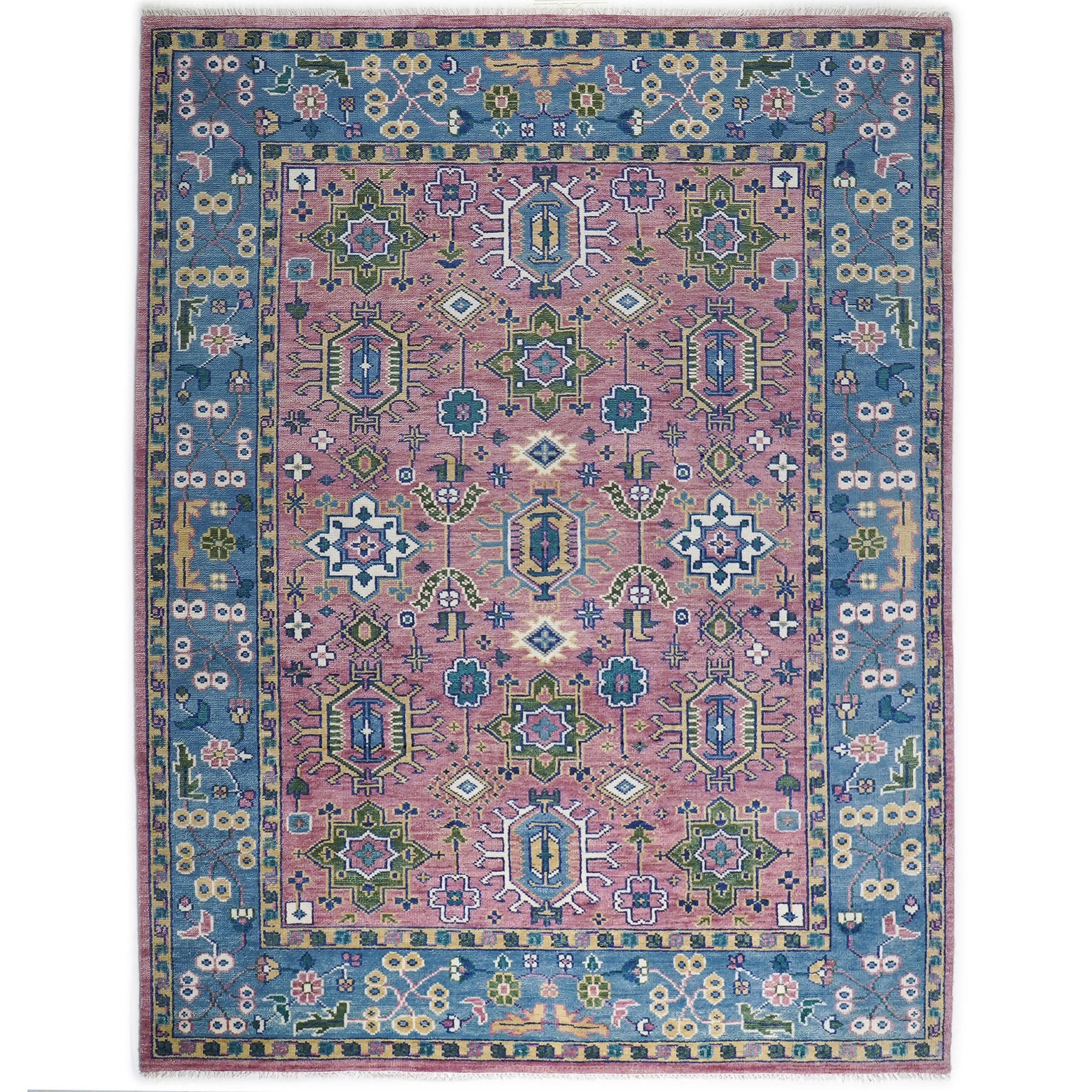 9x12 Pink, Blue, Ivory Color Hand Knotted Oushak Wool  Oriental Rug