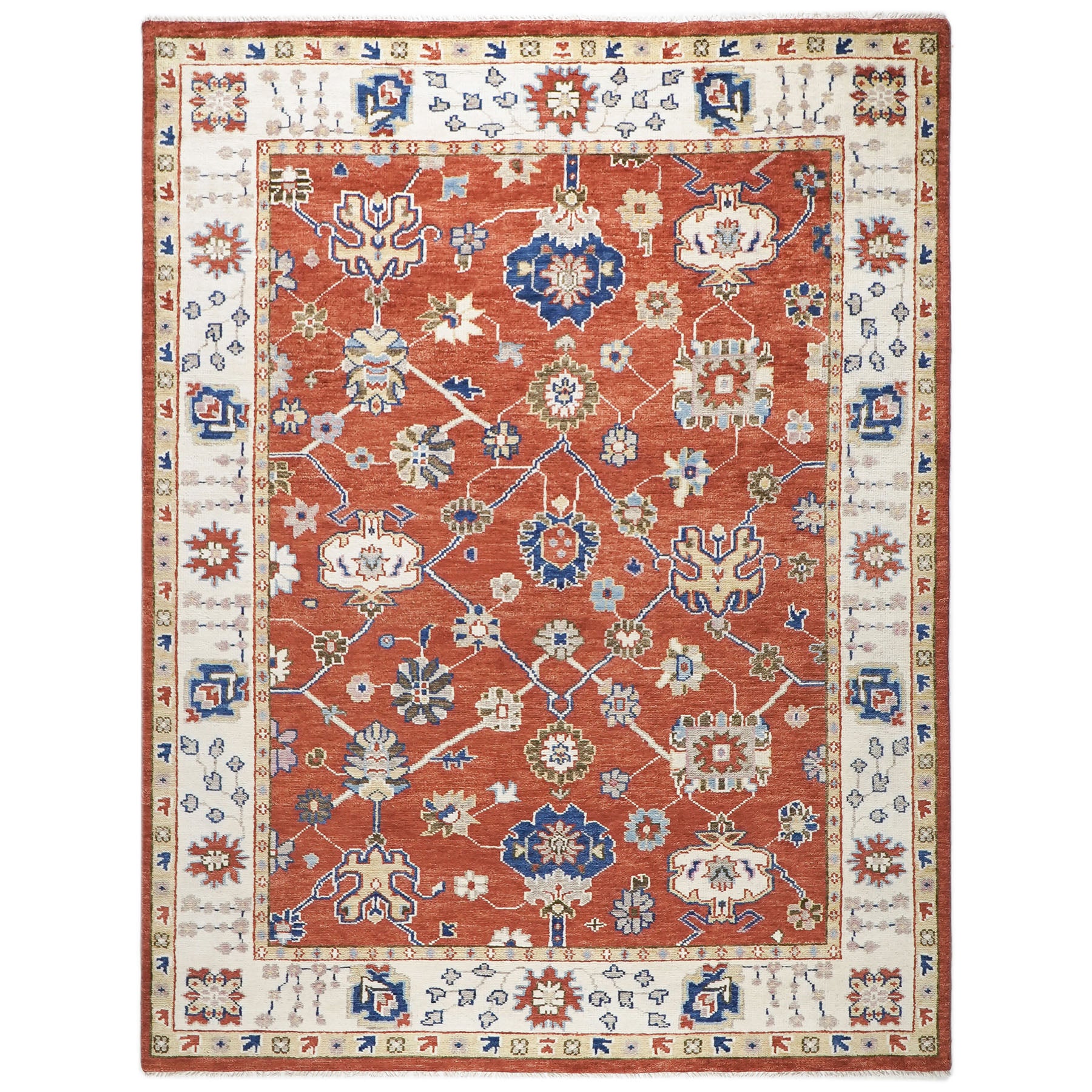 9x12 Burnt Orange, Ivory, Navy Color Hand Knotted Oushak Wool  Oriental Rug