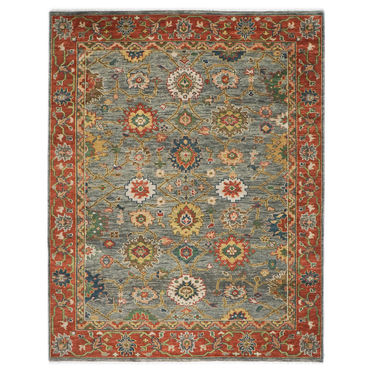 9x12 Blue, Gray, Burnt Orange Color Hand Knotted Oushak Wool  Oriental Rug