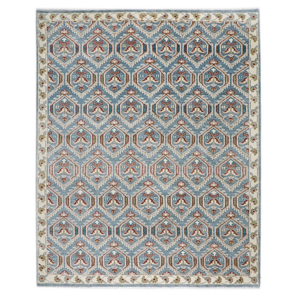 9x12 Blue, Beige, Rust Color Hand Knotted Oushak Wool Transitional Oriental Rug