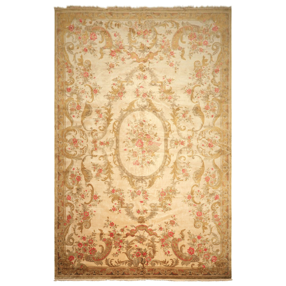 Palace Tan, Gold, Green Color Hand Knotted French Aubusson Savonnerie New Zealand Wool & Silk Traditional Oriental Rug