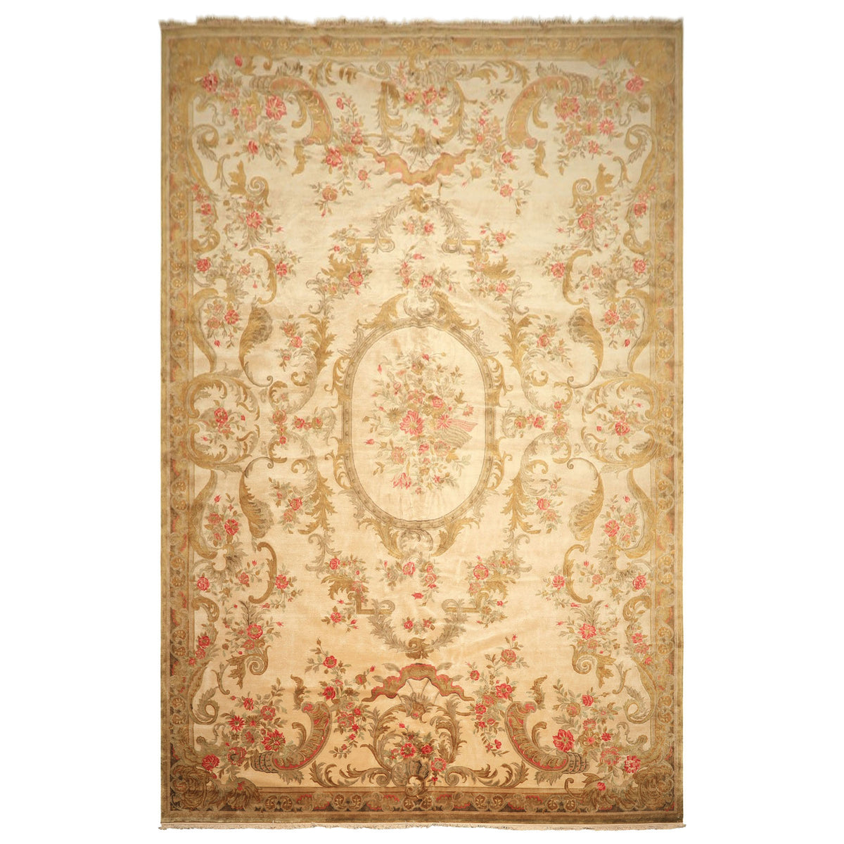 Palace Tan, Gold, Green Color Hand Knotted French Aubusson Savonnerie New Zealand Wool & Silk Traditional Oriental Rug