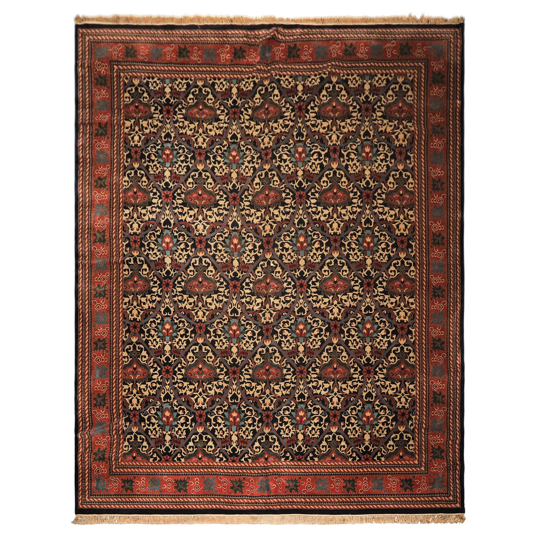 12x15 Mid Night Blue, Rose, Ivory Color Hand Knotted Indo Persian Wool Traditional Oriental Rug