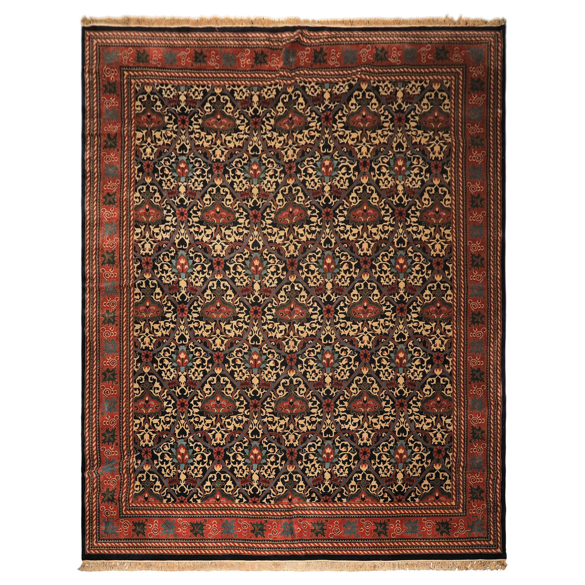 12x15 Mid Night Blue, Rose, Ivory Color Hand Knotted Indo Persian Wool Traditional Oriental Rug