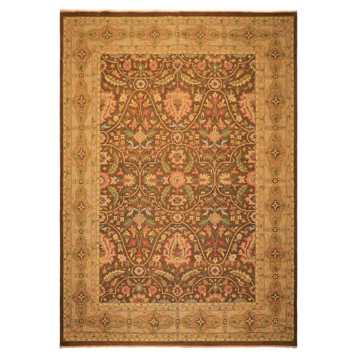 10x14 Brown, Moss, Gold Color Hand Knotted Soumak Wool Transitional Oriental Rug