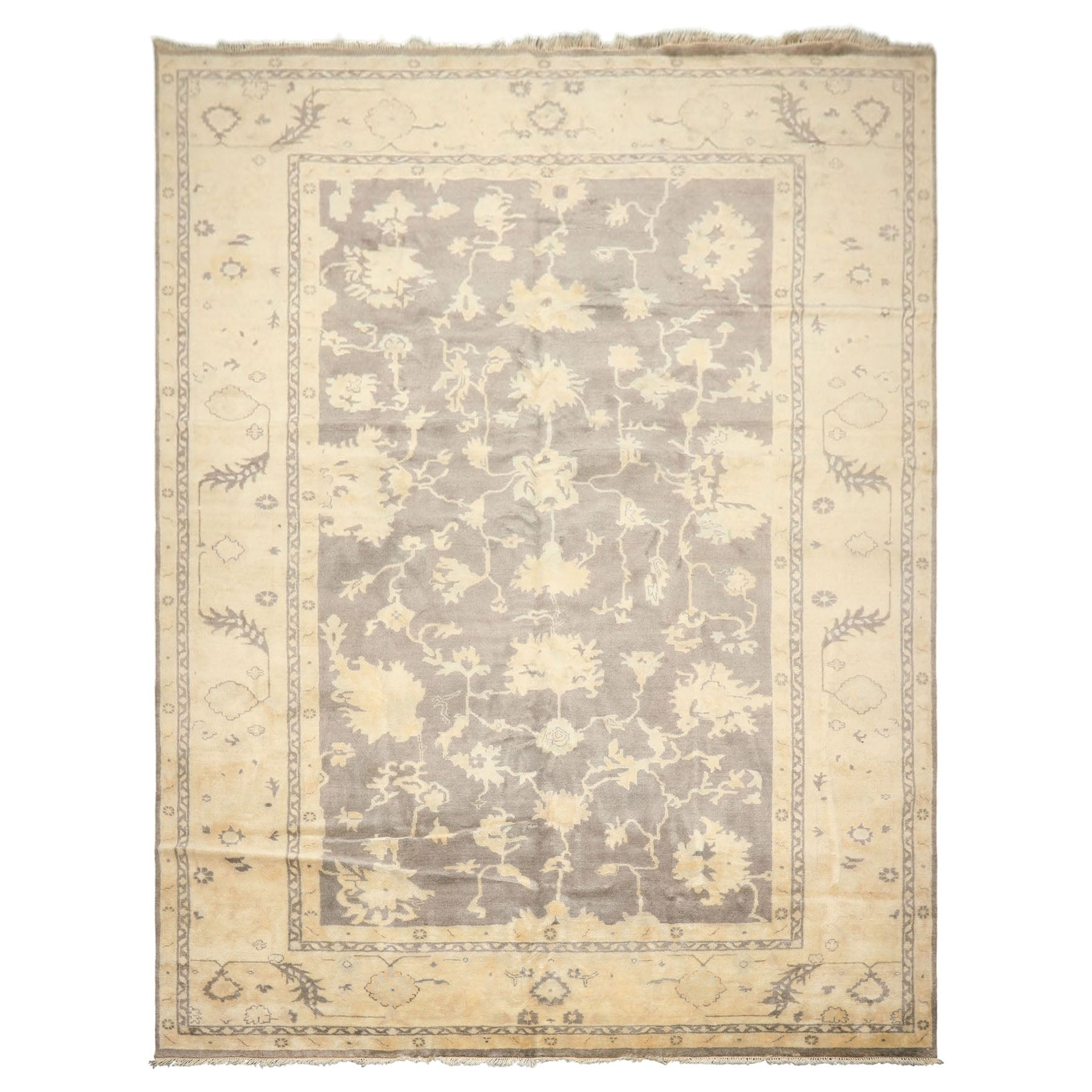 Palace Gray, Ivory, Light Gold Color Hand Knotted Oushak Wool Transitional Oriental Rug