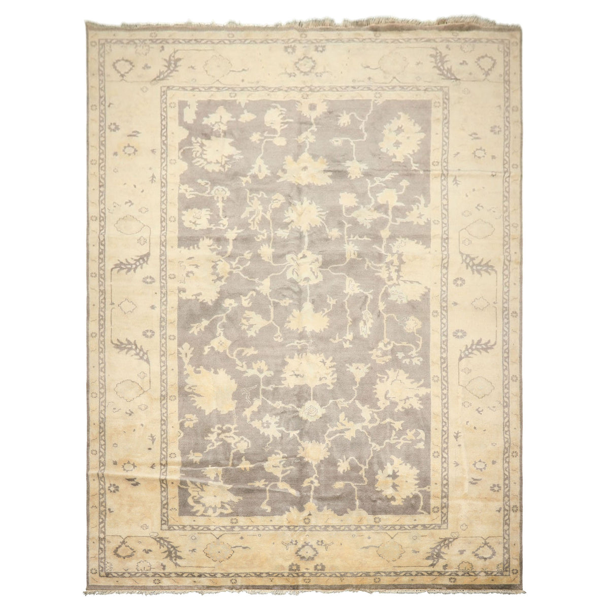 Palace Gray, Ivory, Light Gold Color Hand Knotted Oushak Wool Transitional Oriental Rug