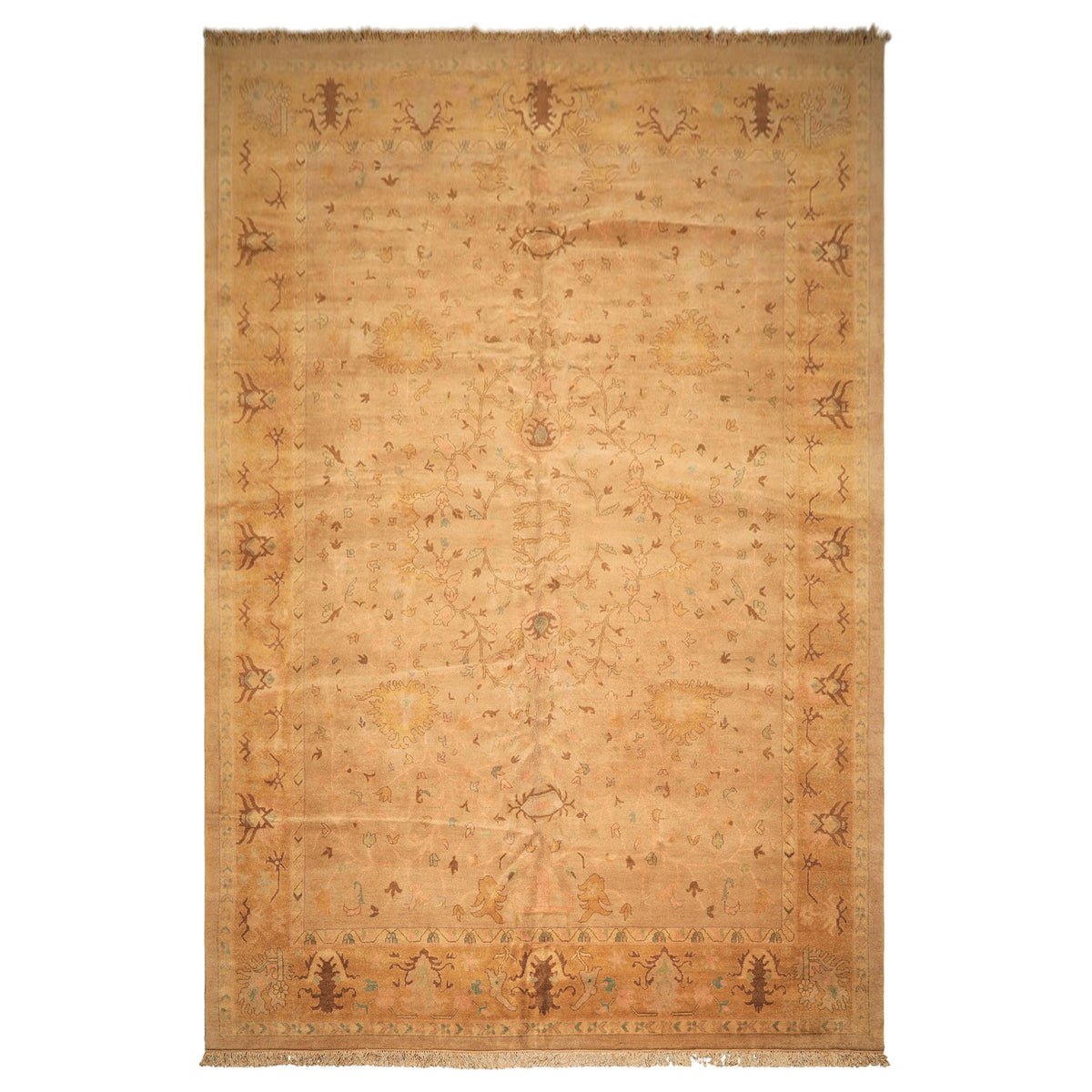 Palace Tan, Gold, Turquoise Color Hand Knotted Oushak Wool Transitional Oriental Rug