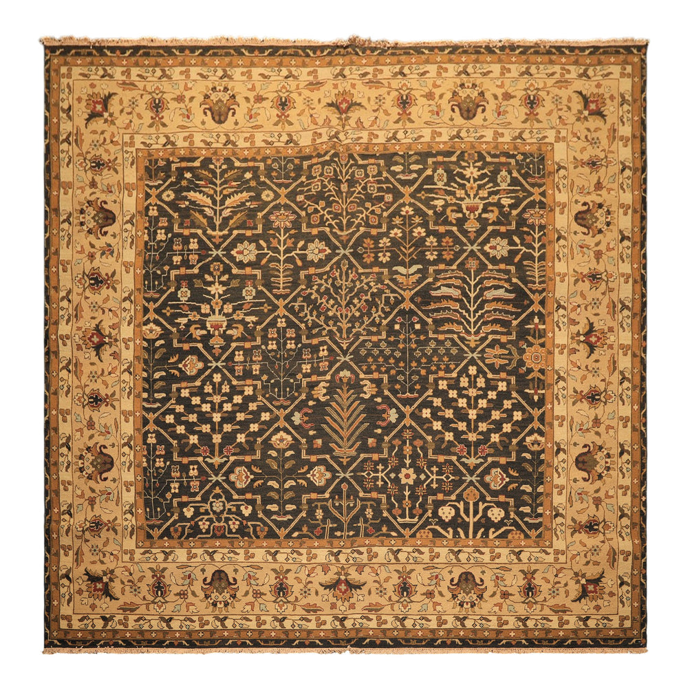 Square Charcoal, Tan, Rust Color Hand Knotted Soumak Wool Transitional Oriental Rug